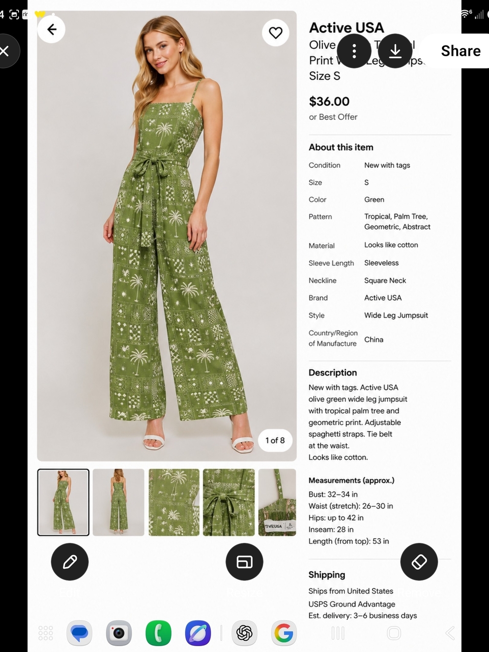 Active USA Olive Green Tropical Print Wide-Leg Jumpsuit